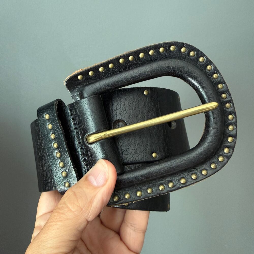 Linea Pelle Vintage Black Leather Belt Studded Brass Horseshoe Buckle M